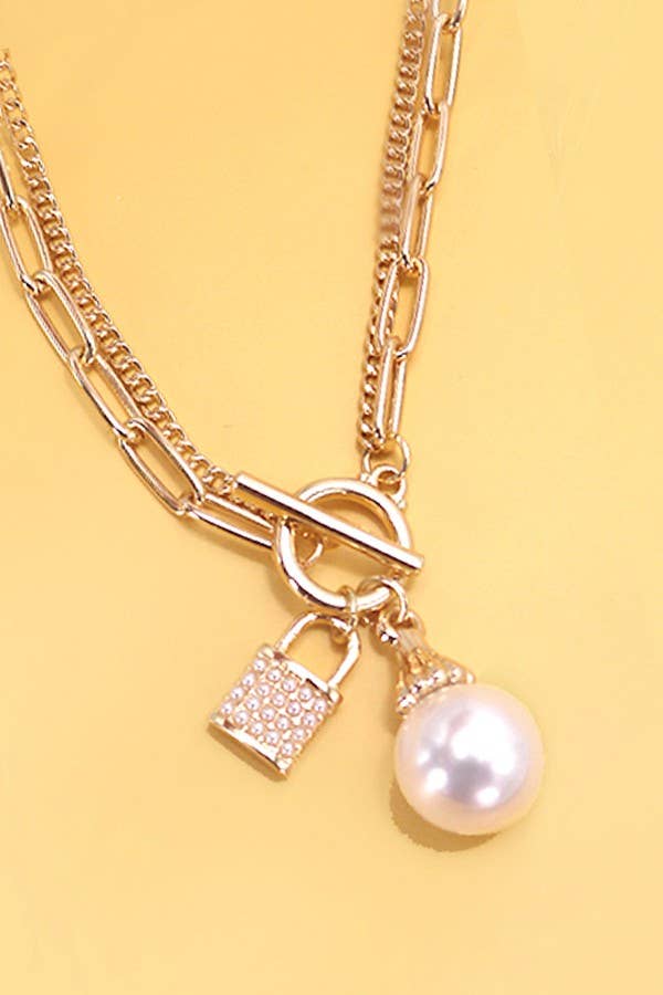 PEARL LOCK CHARM DOUBLE LAYER TOGGLE NECKLACE | 31N24104: Gold