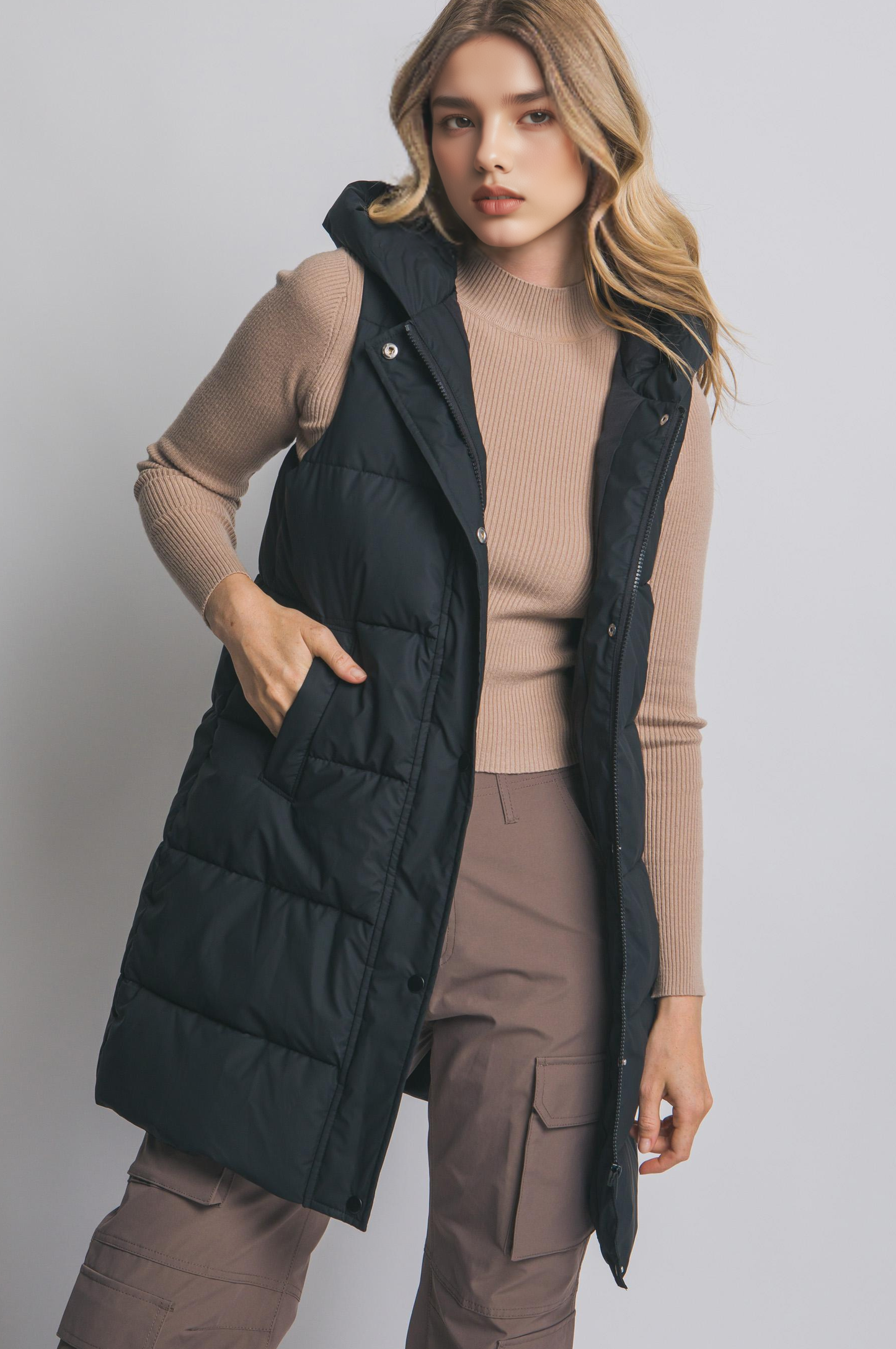 Hooded Long Quilted Puffer Vest:Black
