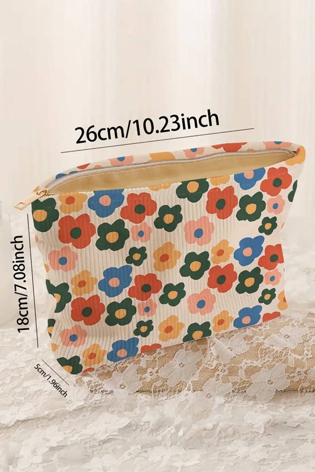 Flower Printed Rib Textured Cosmetic Bag