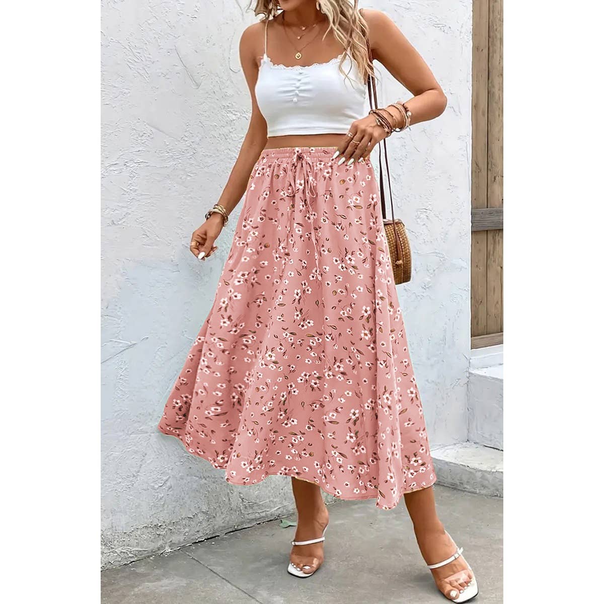 Floral Print Drawstring Waist Skirt: PINK