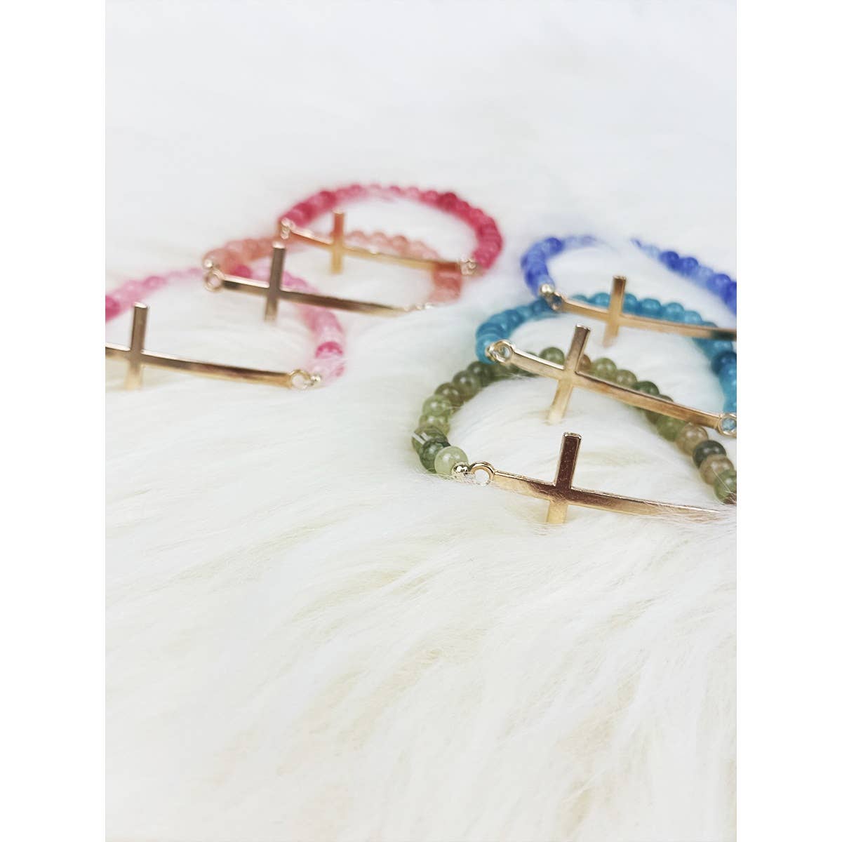 Gold Cross Multi Tone Beaded Stretch Bracelet: MIX COLOR / ONE(12)