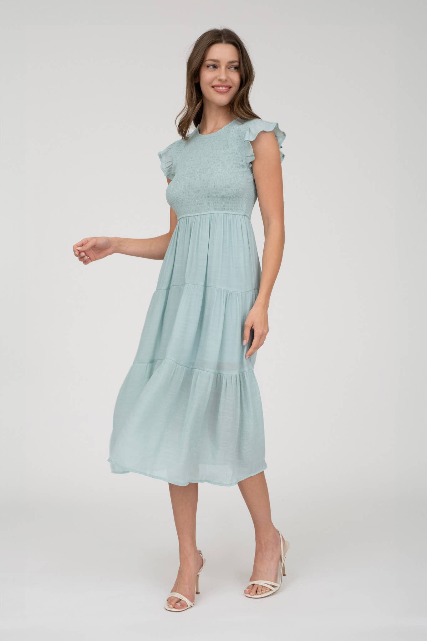 SMOCKED TIERED MIDI DRESS: LIGHT SAGE