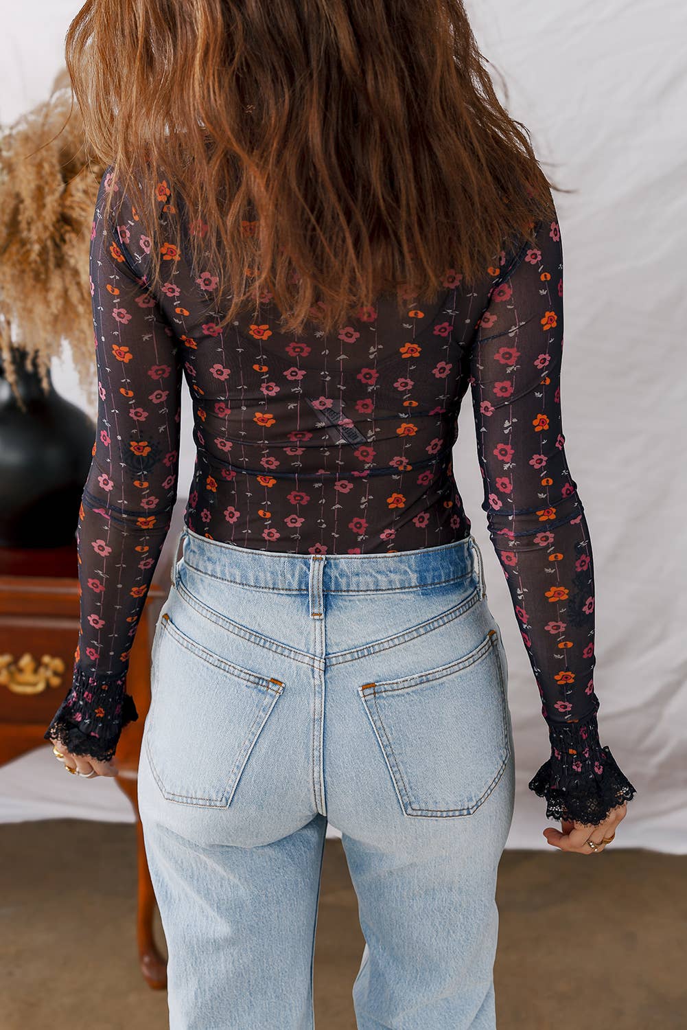 Floral Print Smocked Cuff Mesh Bodysuit