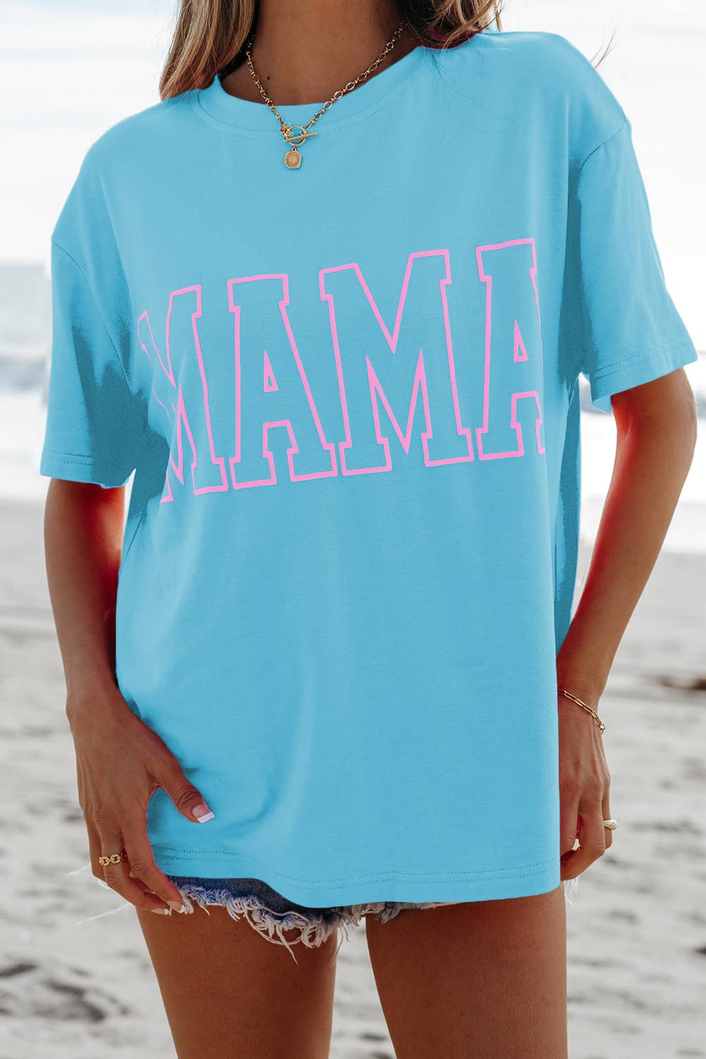 MAMA Graphic Neon T Shirt: Light Blue