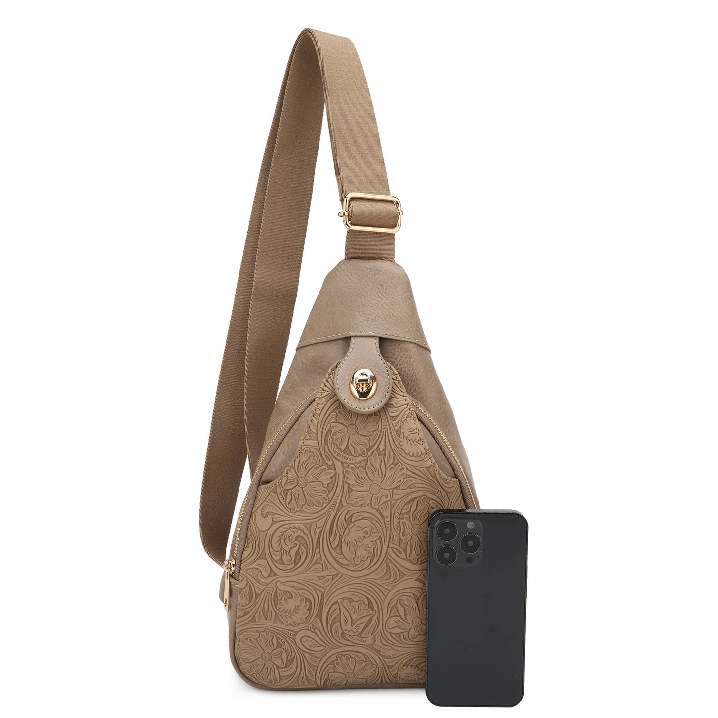 Jacqueline Paisley Tooling Embossed Sling Bag with Turnlock: Light stone