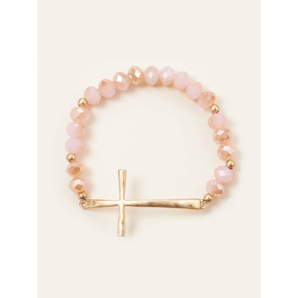 Hammered Cross Crystal Mix Beads Bracelet: PINK