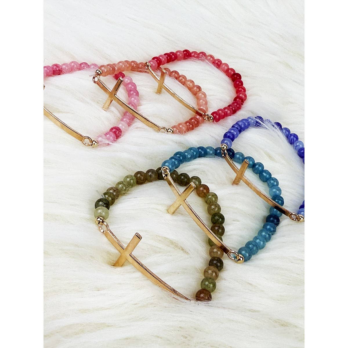 Gold Cross Multi Tone Beaded Stretch Bracelet: MIX COLOR / ONE(12)
