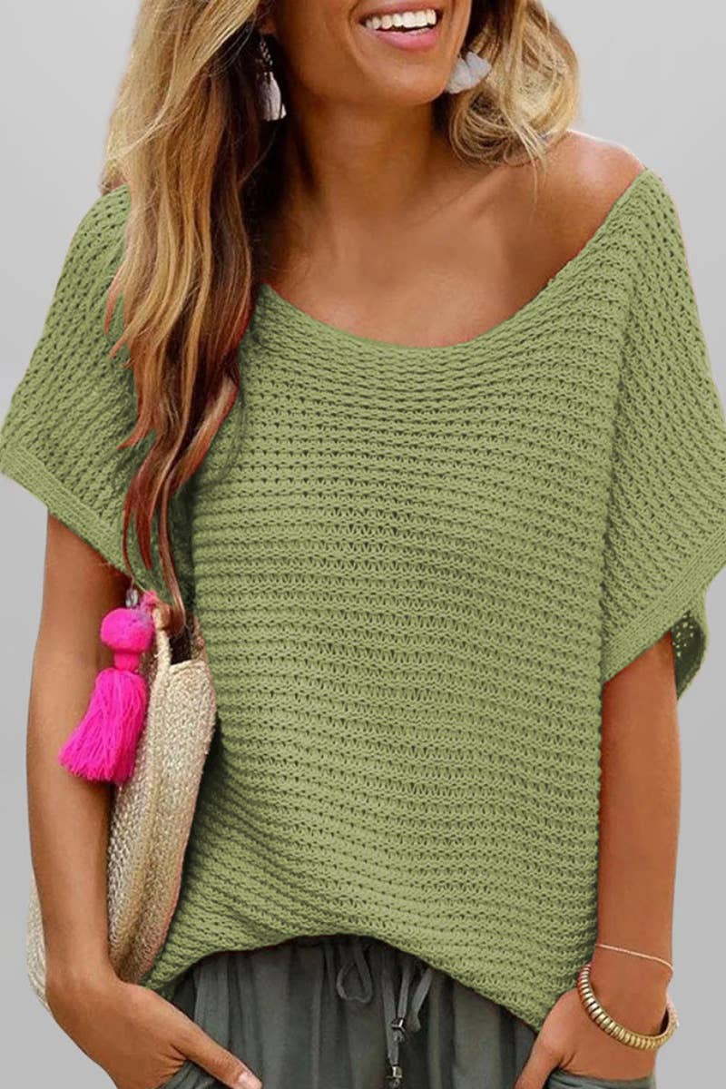 CREW-NECK KNITTED SHORT-SLEEVED TOP: Green
