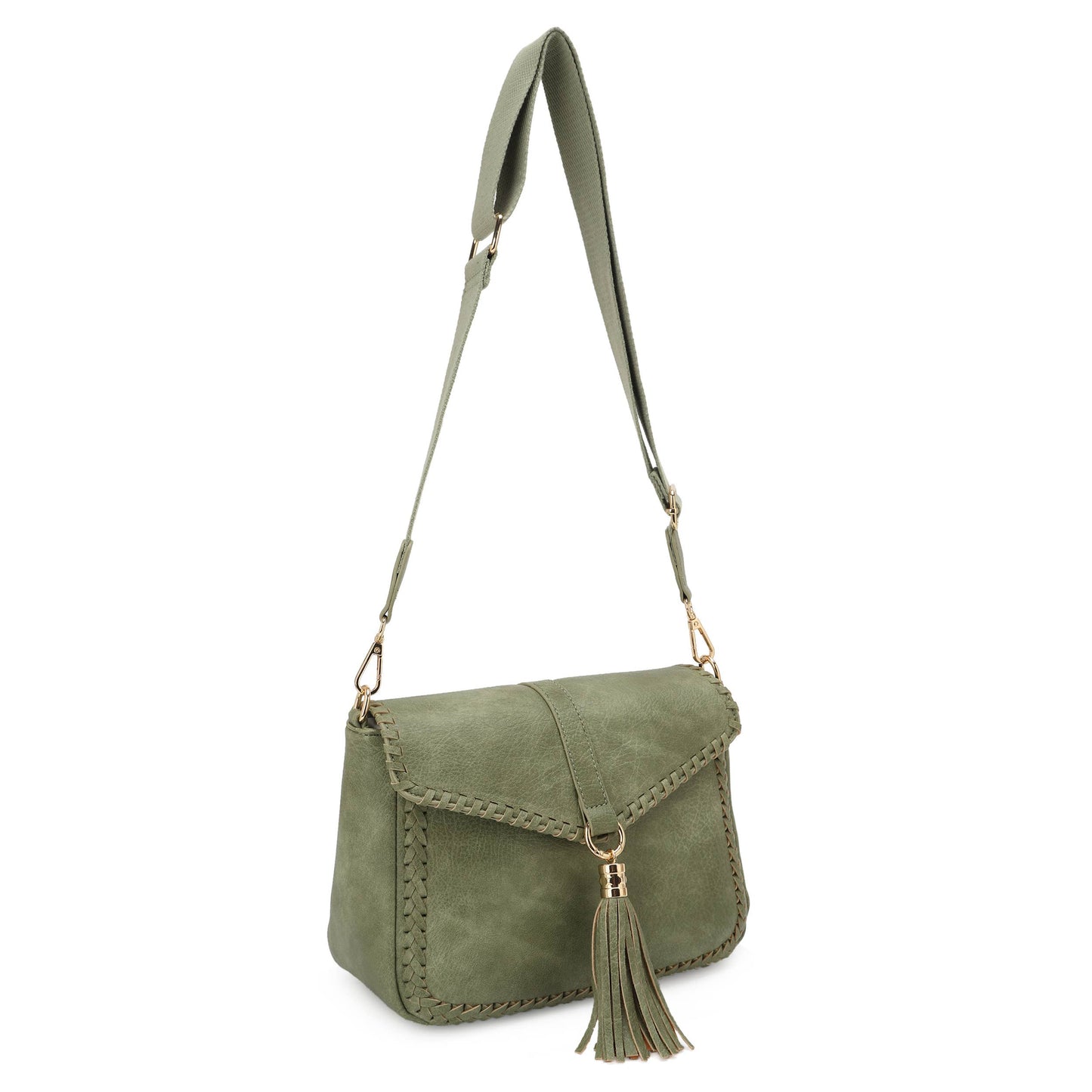Distressed Vegan Leather Flapover Crossbody Bag with Tassel: Sage