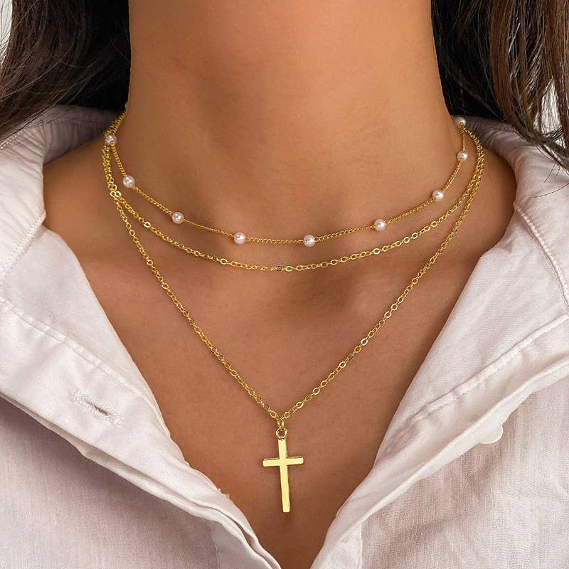 18K STAINLESS STEEL TARNISH FREE CROSS NECKLACE : GOLD