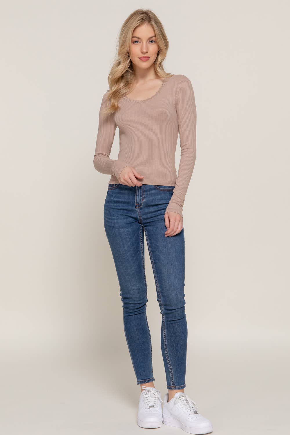 Scoop Neck with Lace Trim Rib Knit Top