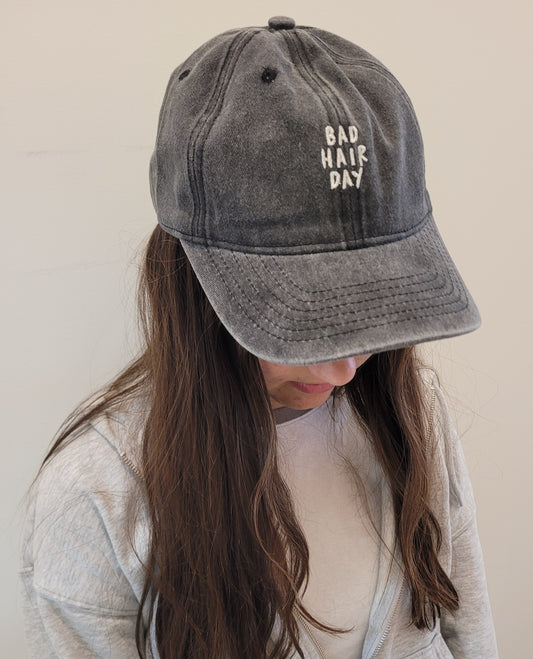 Bad Hair Day Embroidered Washed Baseball Cap: BLACK