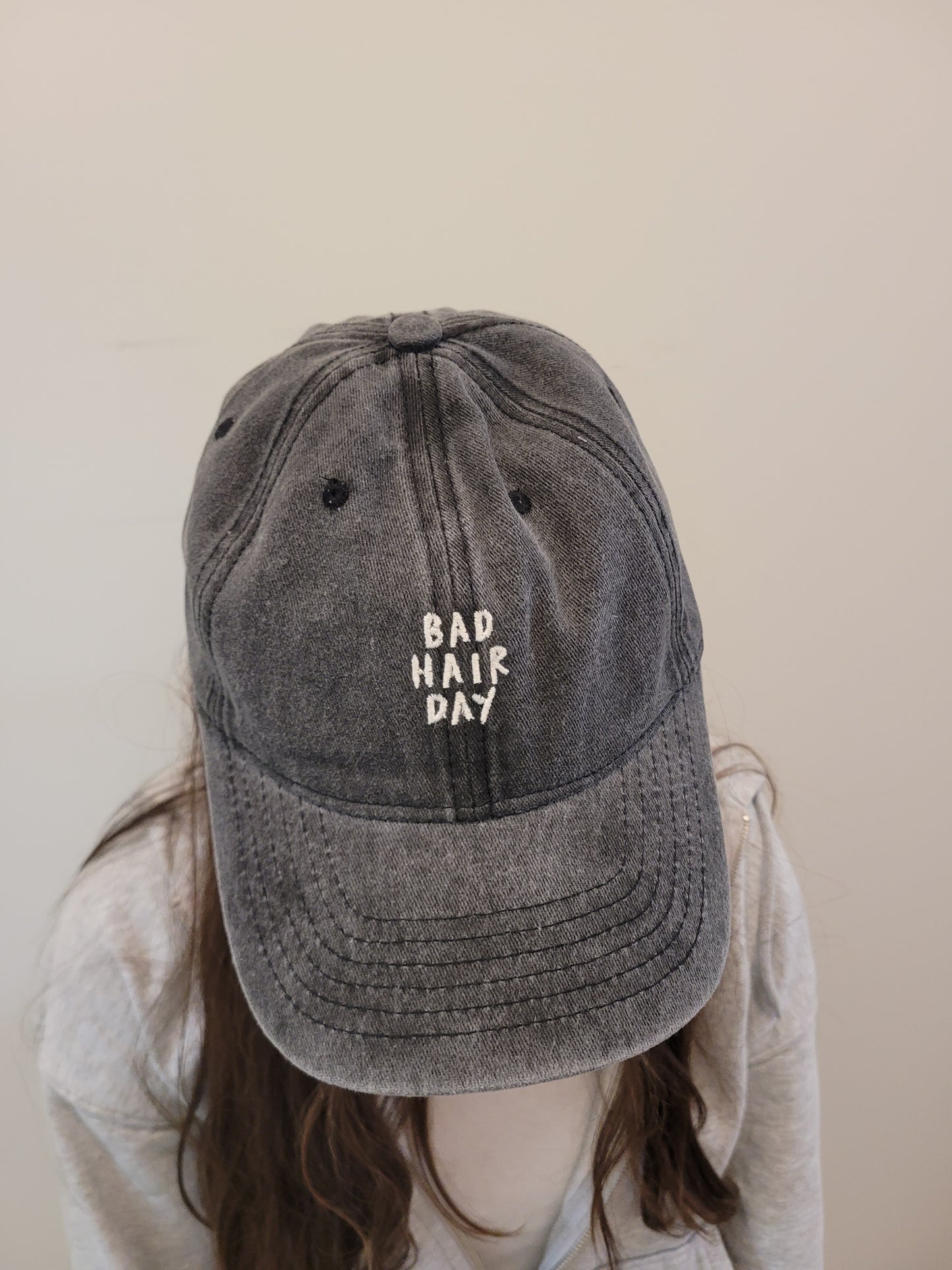 Bad Hair Day Embroidered Washed Baseball Cap: BLACK