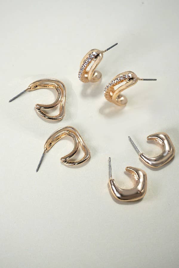 TRIO RHINESTONE HUGGIE HOOP EARRINGS SET OF 3 | 80E5383: Gold