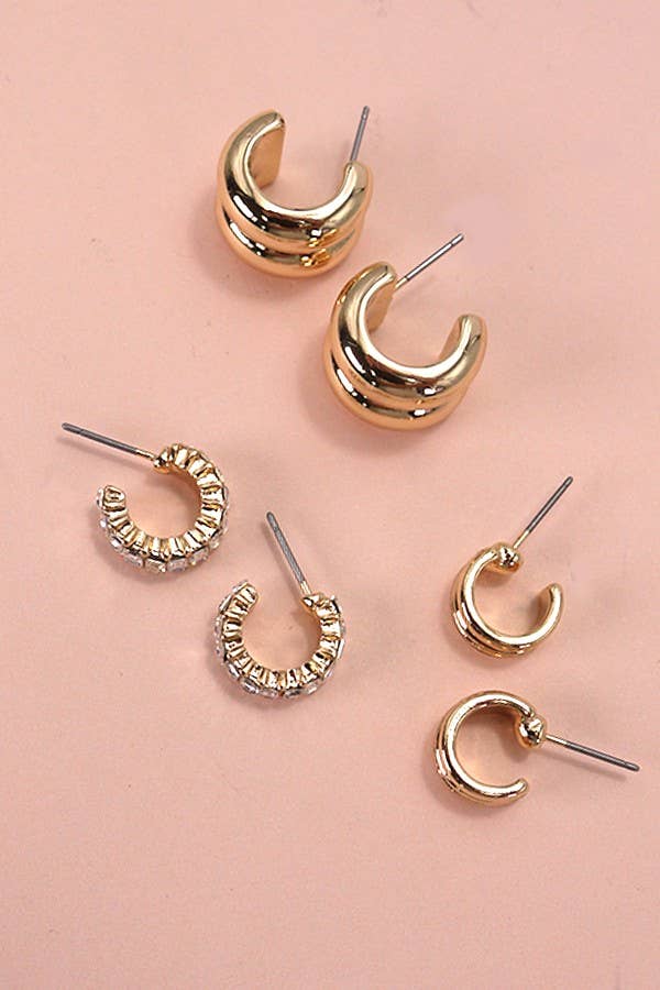 BAGUETTE STONE DOUBLE HOOP HUGGIE TRIO EARRINGS | 80E5317: Gold