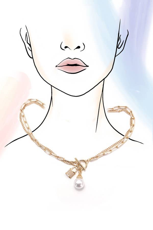 PEARL LOCK CHARM DOUBLE LAYER TOGGLE NECKLACE | 31N24104: Gold