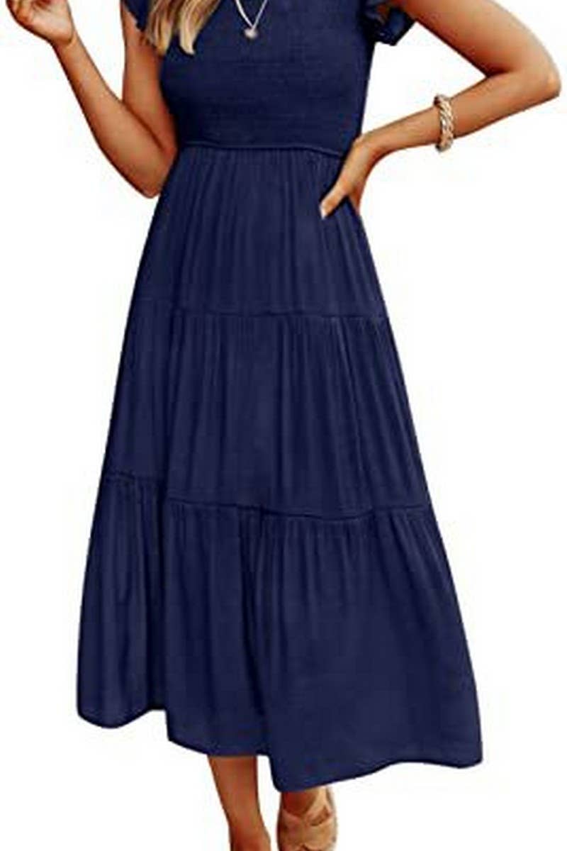 FLYING SLEEVE SHORT SLEEVE DRESS: NAVY /