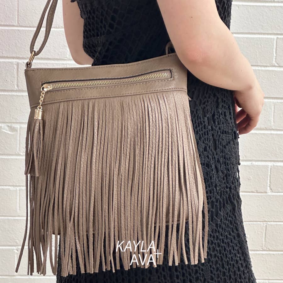 Caroline Fringe Crossbody, Western Bohemian style Shoulder: Taupe