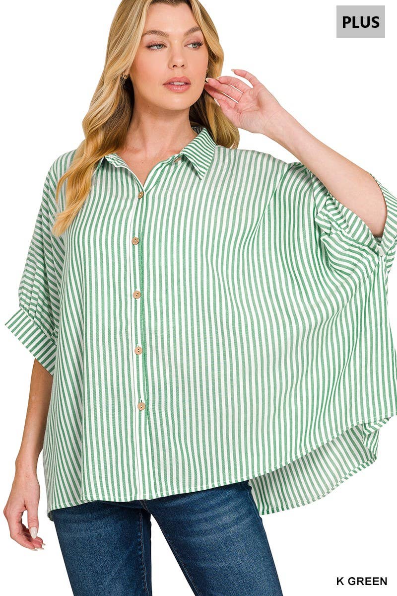 Plus Oversized Striped Short Sleeve Button Up Shirt