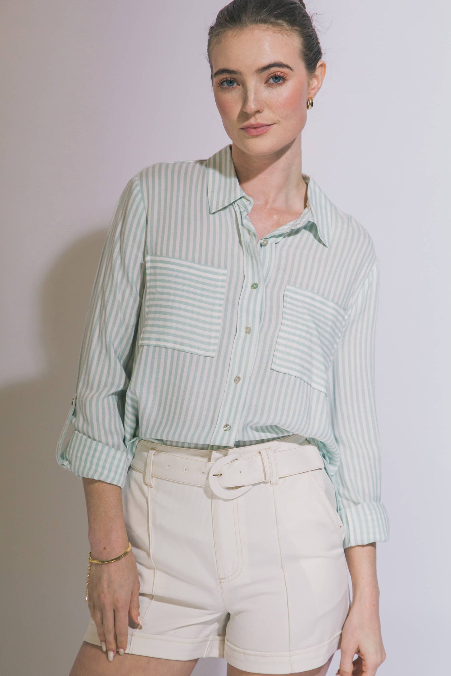 Striped Button Down -MINT JELLY