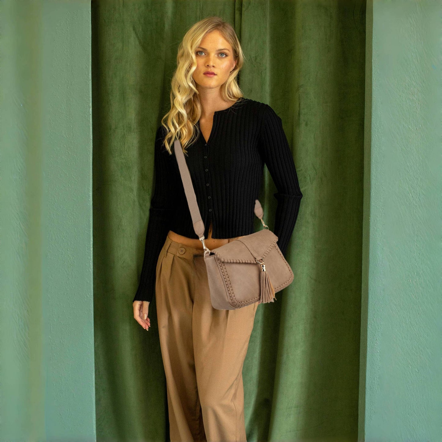 Distressed Vegan Leather Flapover Crossbody Bag with Tassel: Taupe