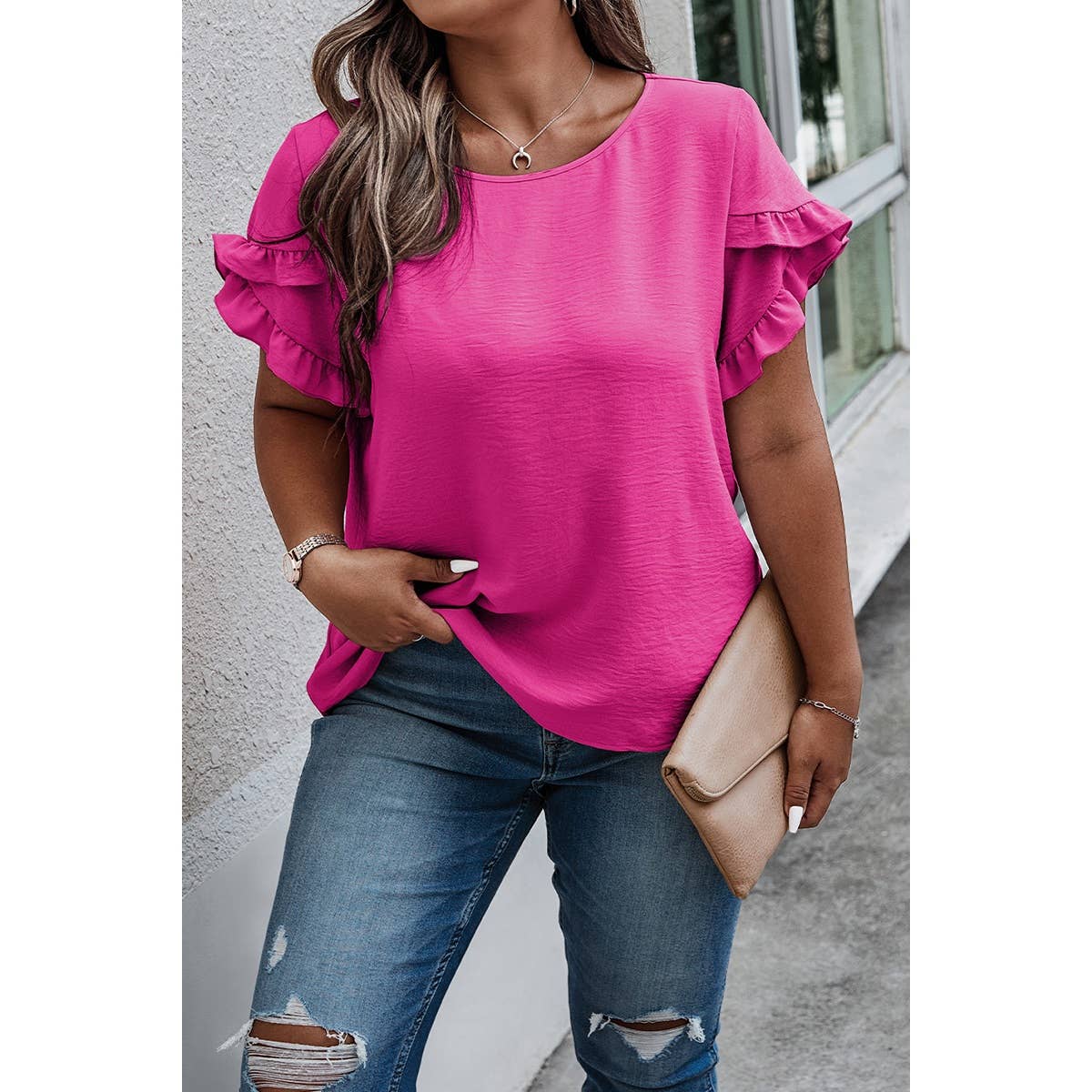 Round Neck Ruffle Solid Loose Shirt: FUCHSIA