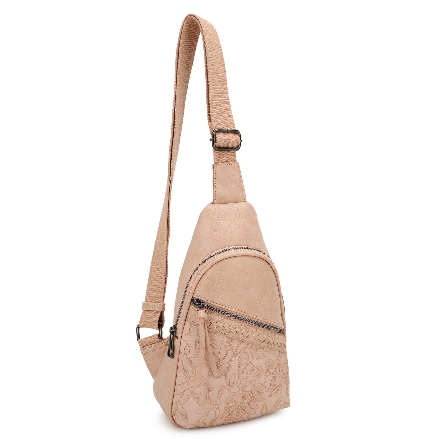 Martha Hibiscus Sling Bag, Vintage Tooled Vegan Leather Bag: Pink