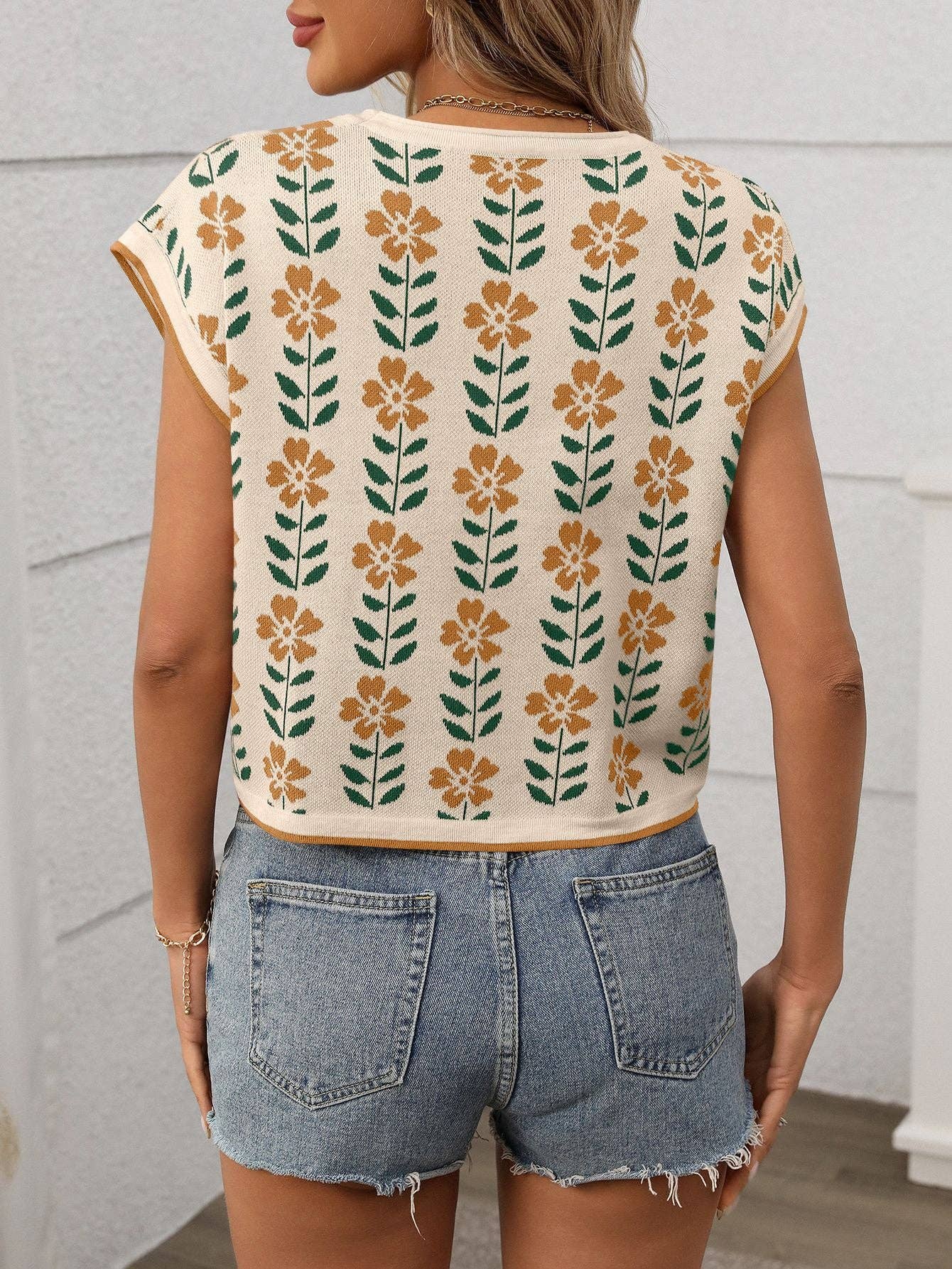 Retro Floral Knit Crop Top Short Sleeve Pullover