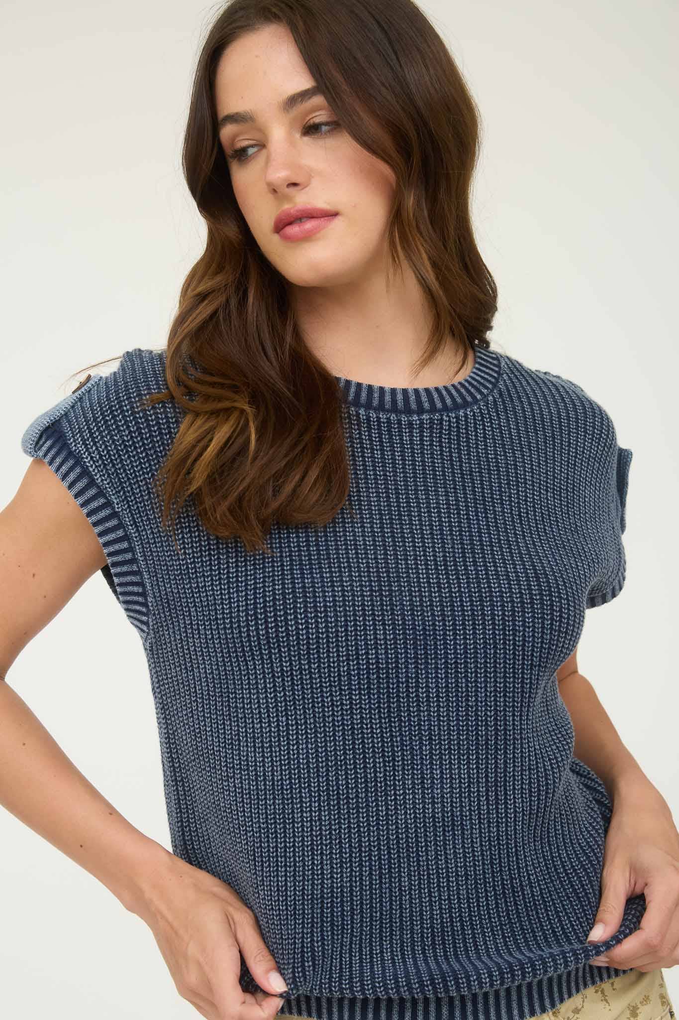 KNIT TAB SLEEVE PULLOVER SWEATER: NAVY