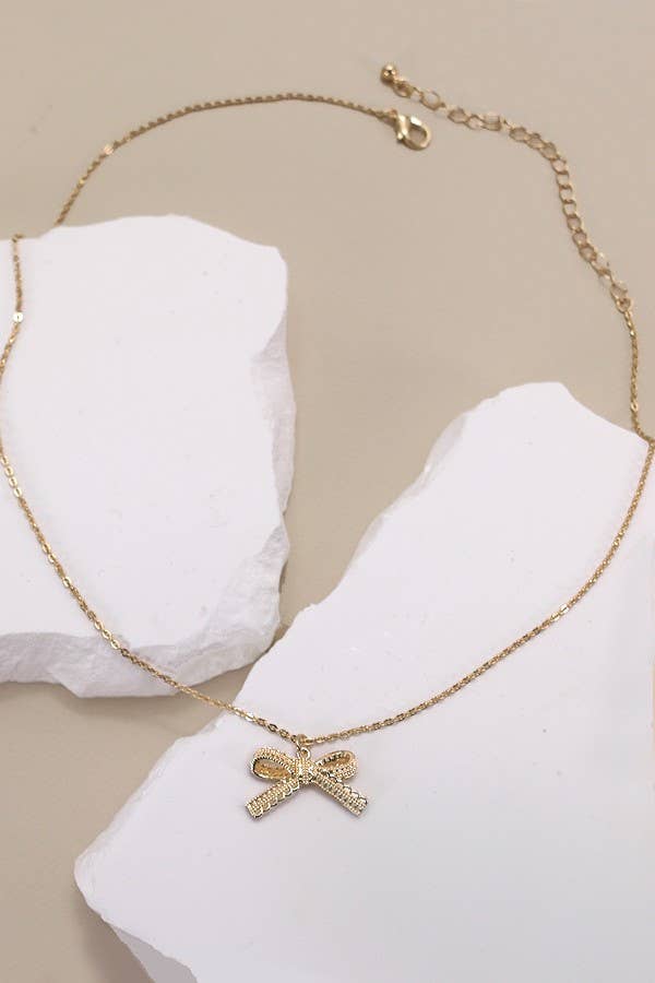 LACE BOW CHARM PENDANT NECKLACE | 80N834: Gold