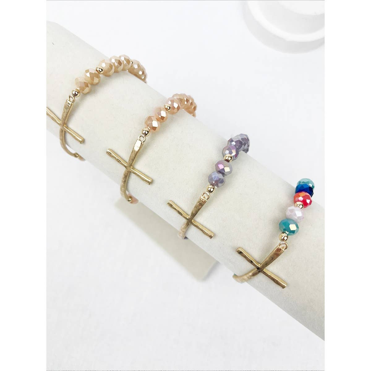 Hammered Cross Crystal Mix Beads Bracelet: PINK