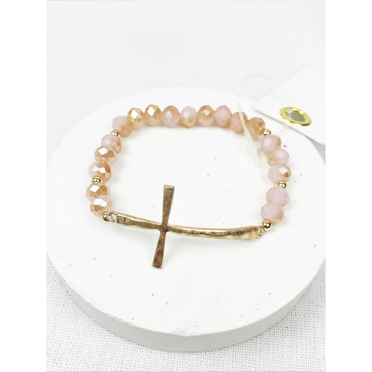 Hammered Cross Crystal Mix Beads Bracelet: PINK