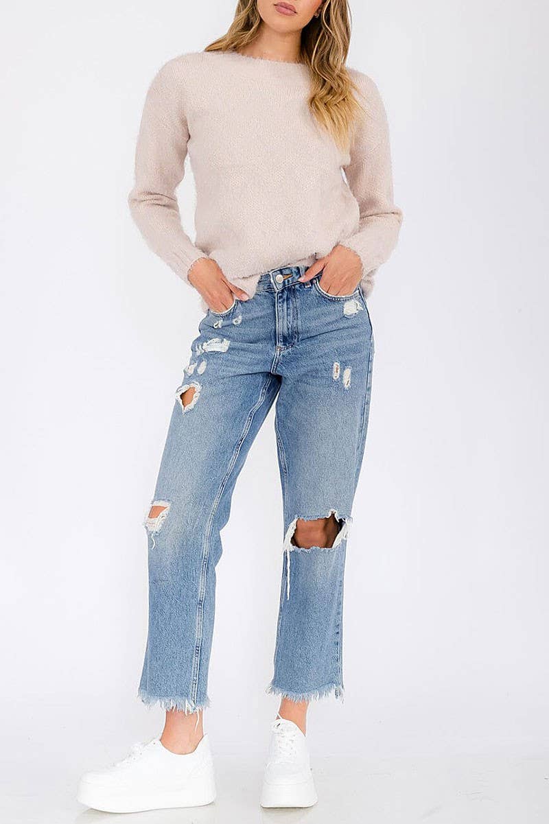 SHIMMER DETAIL ROUND NECK PULLOVER SWEATER: MAUVE