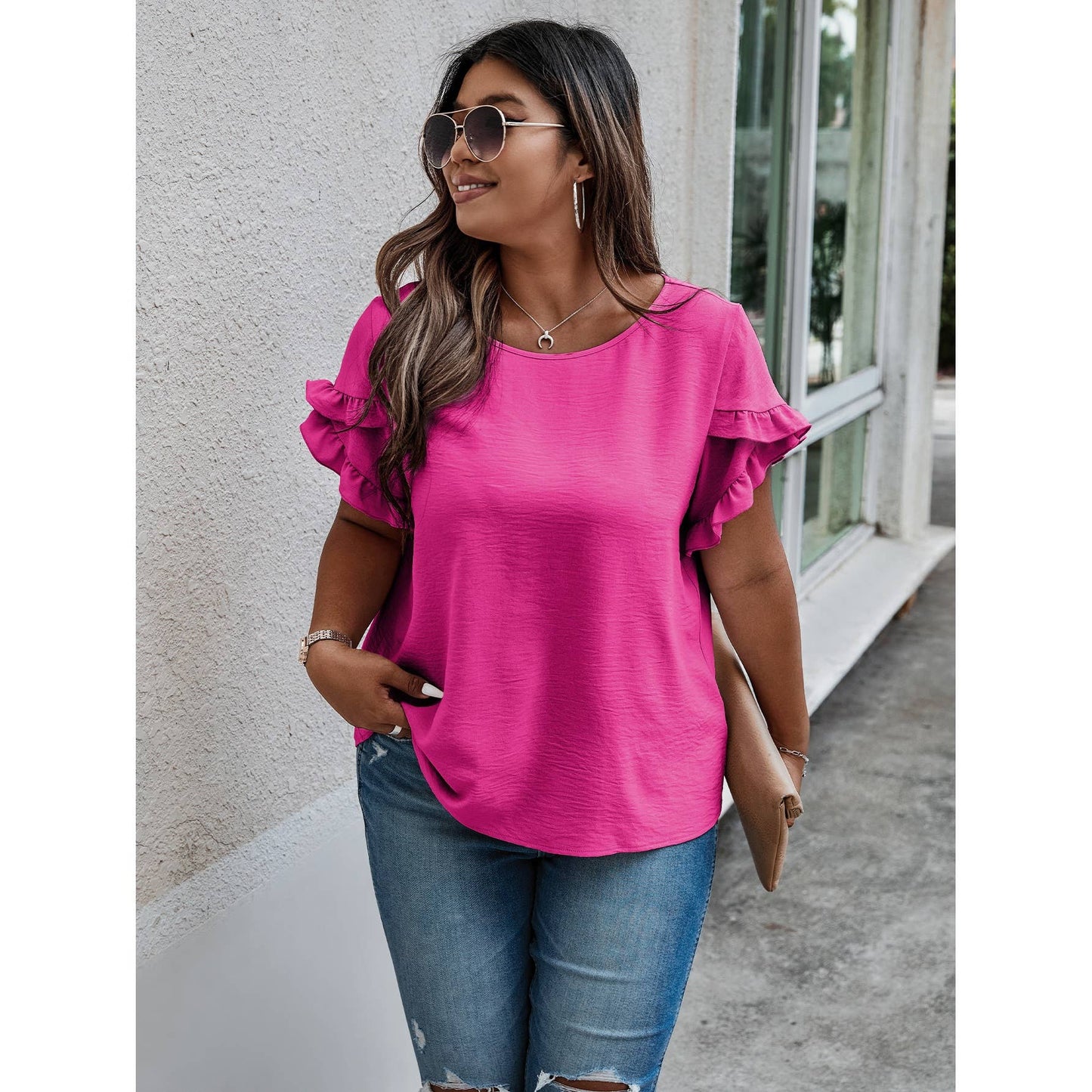Round Neck Ruffle Solid Loose Shirt: FUCHSIA