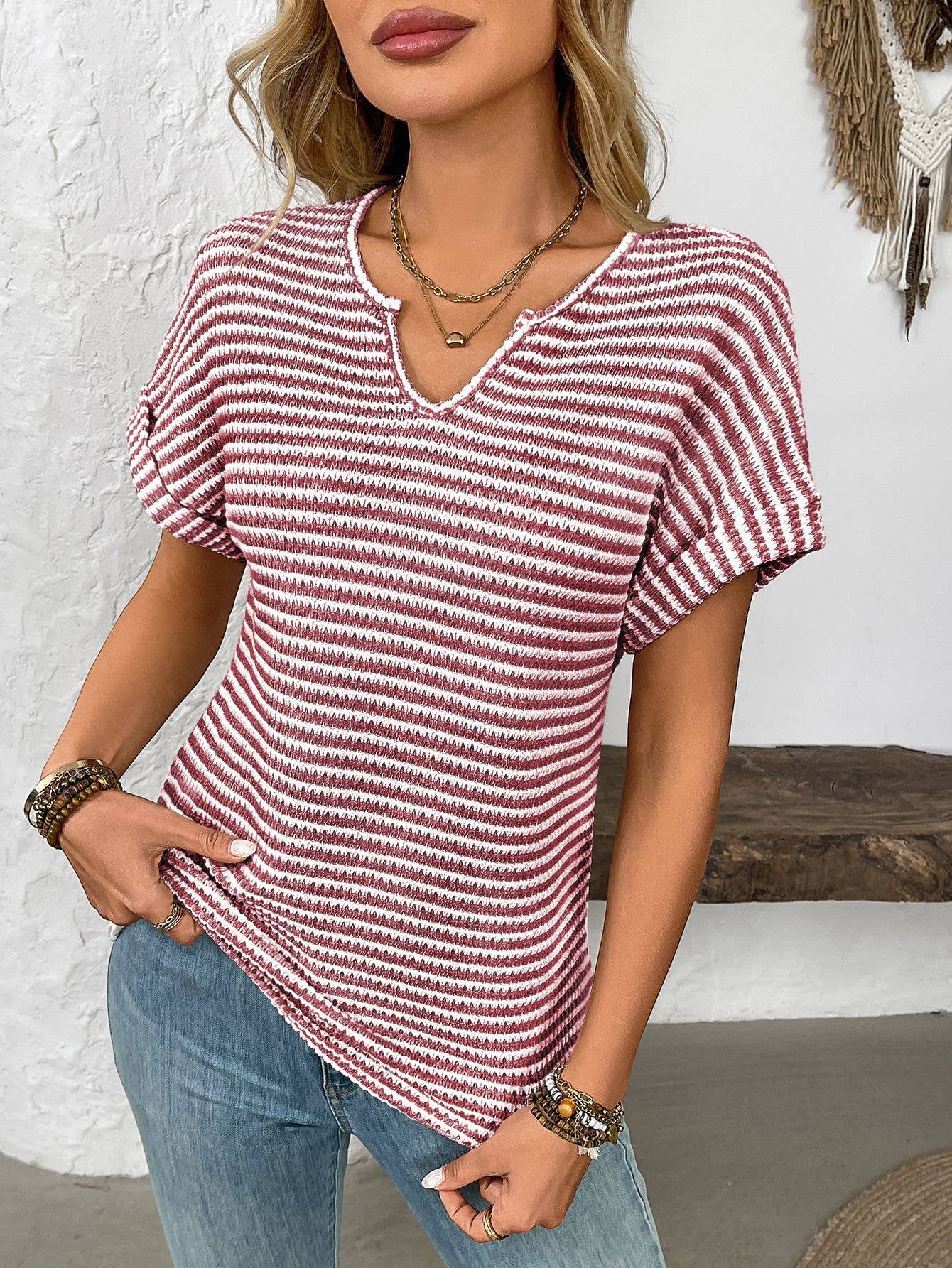 V-neck loose striped casual pullover