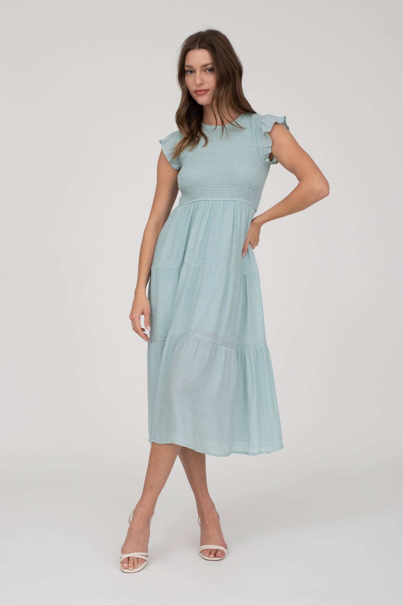 SMOCKED TIERED MIDI DRESS: LIGHT SAGE