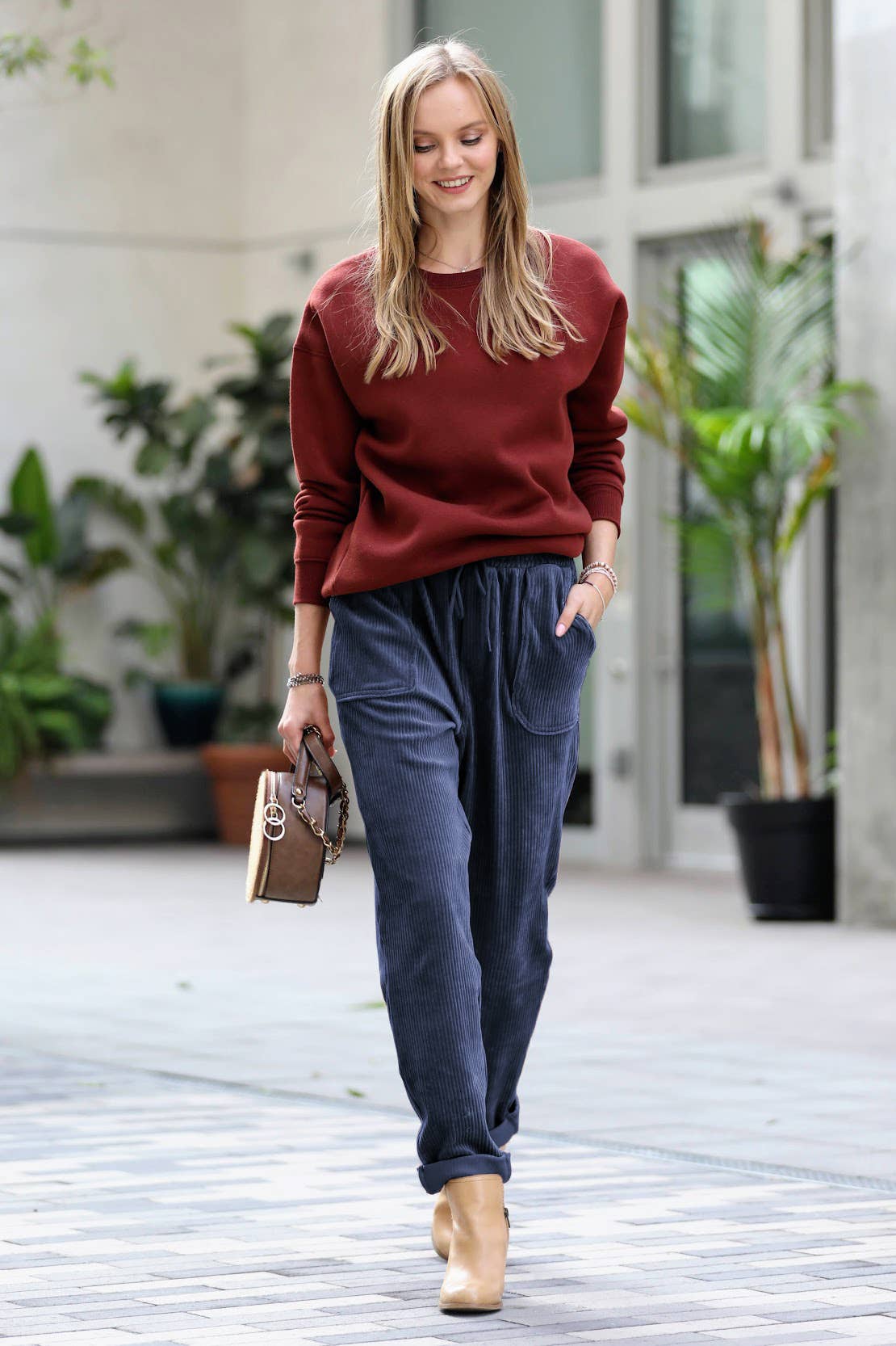 Corduroy Drawstring Cuffed Pants With Pockets