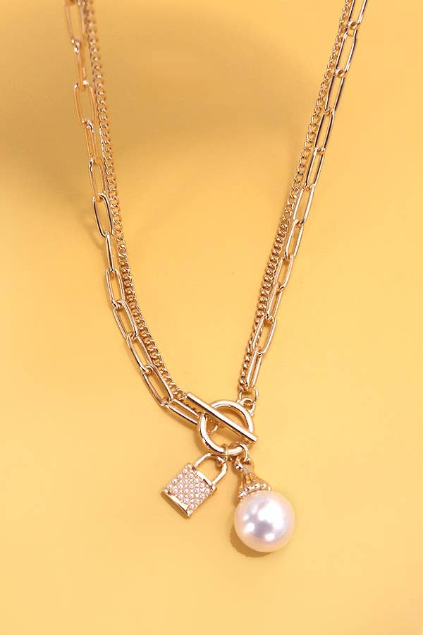 PEARL LOCK CHARM DOUBLE LAYER TOGGLE NECKLACE | 31N24104: Gold