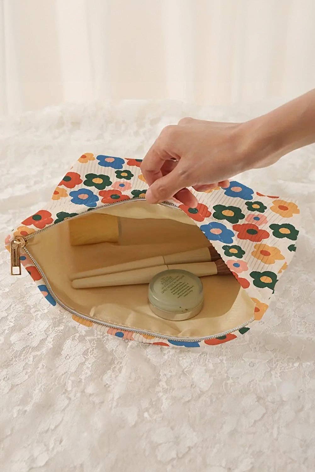 Flower Printed Rib Textured Cosmetic Bag