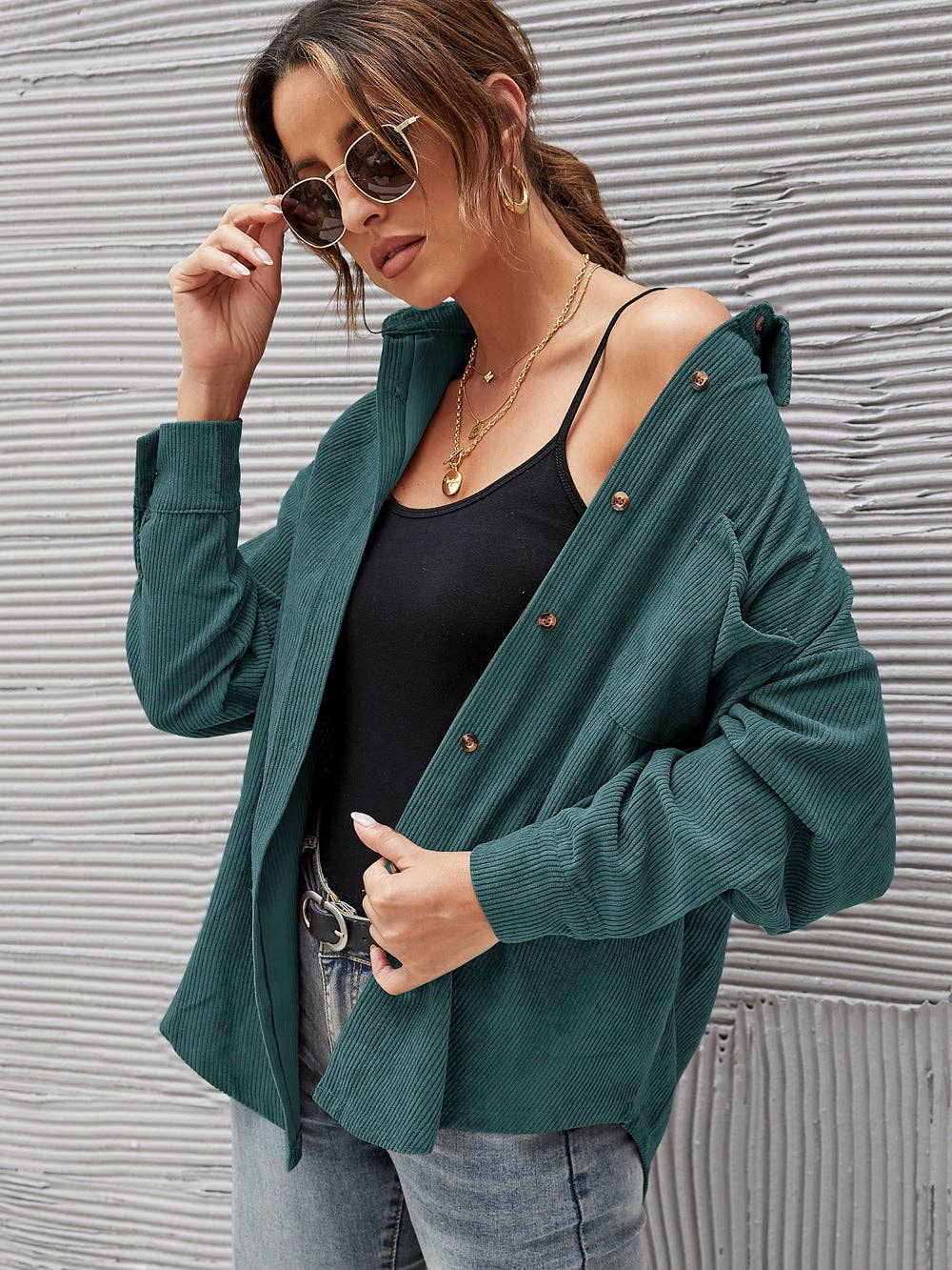 Loose Casual Corduroy Shirt: Green