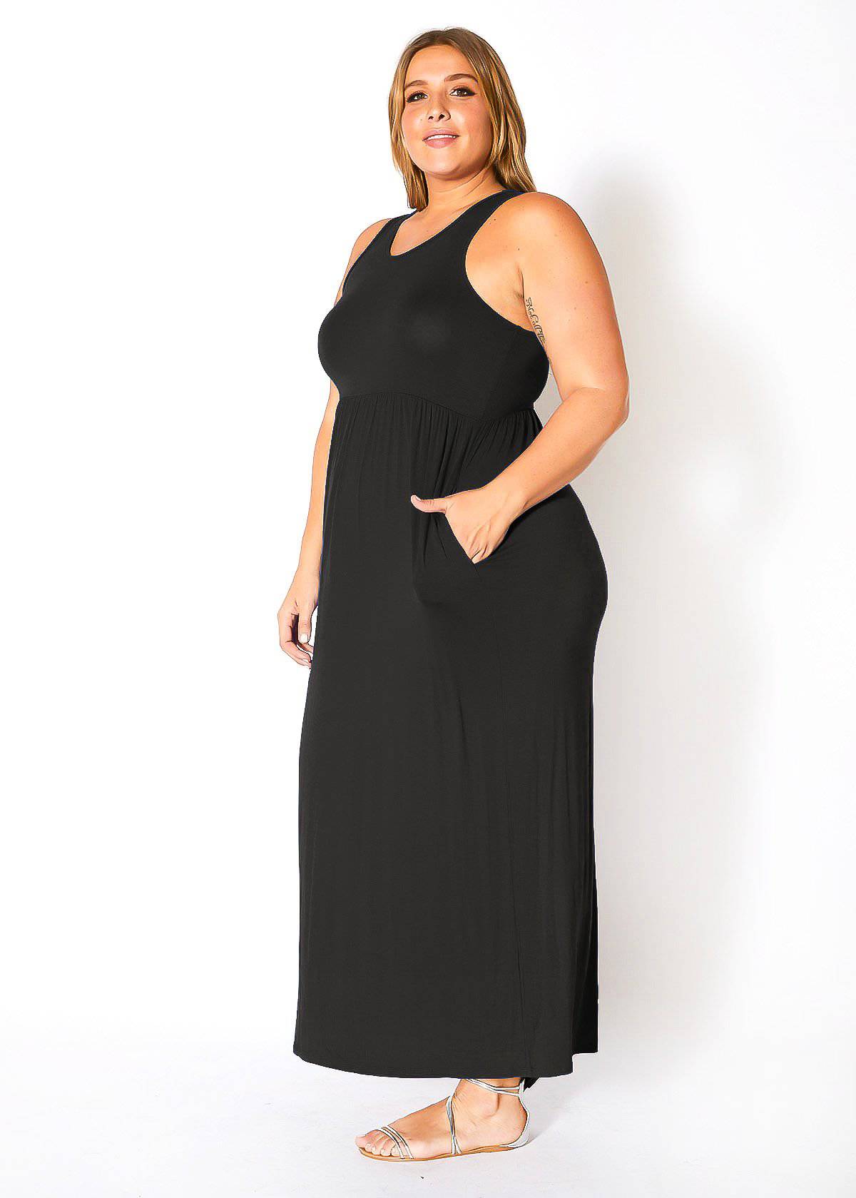 Bellatrix Plus Size Women's Sleeveless Pleated Maxi Dress: Black