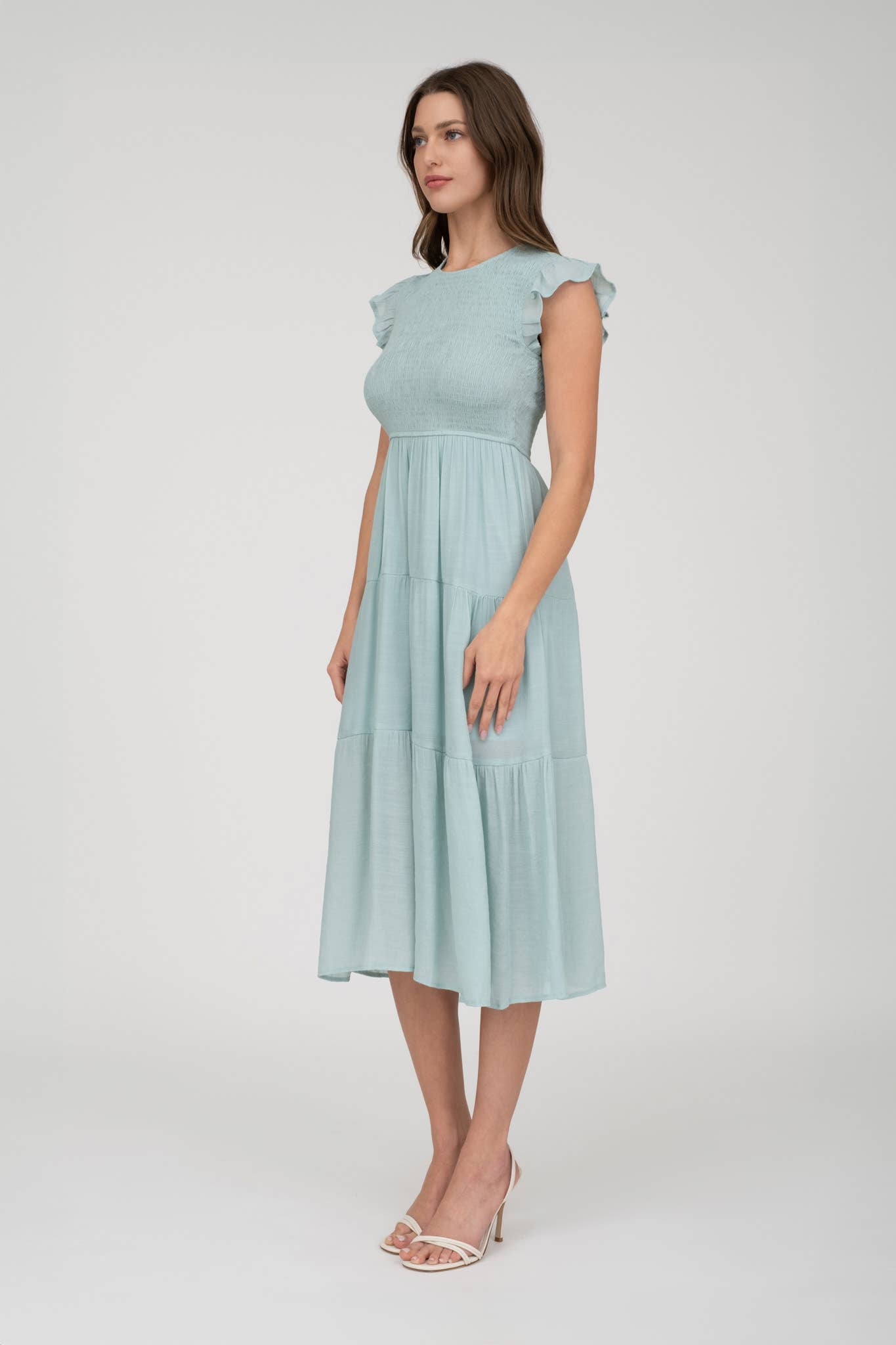 SMOCKED TIERED MIDI DRESS: LIGHT SAGE