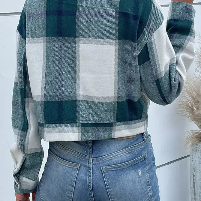 Long Cropped Plaid Jacket With Pockets