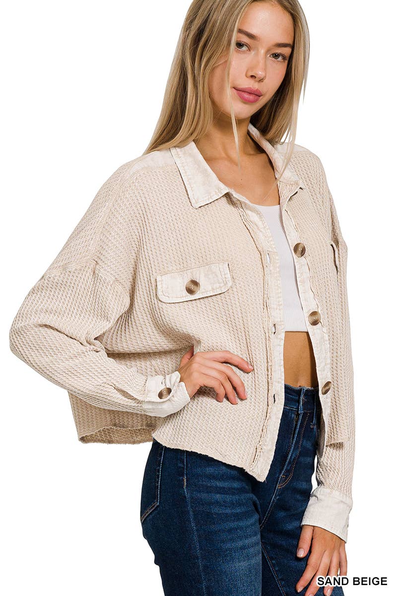 Waffle Cropped Shacket: SAND BEIGE