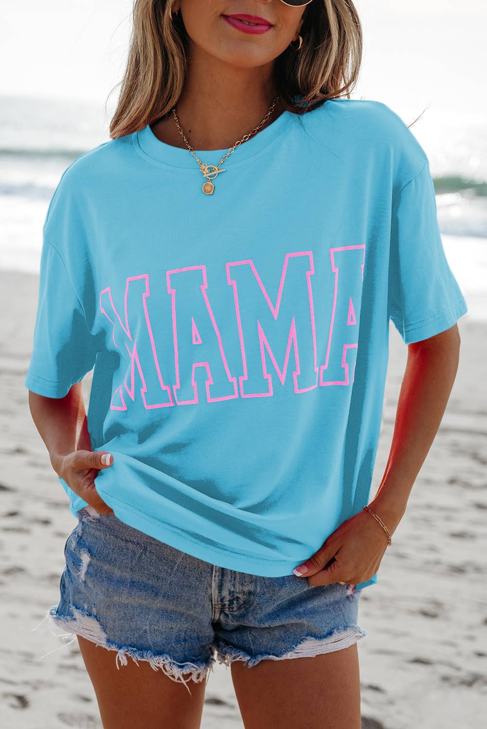 MAMA Graphic Neon T Shirt: Light Blue