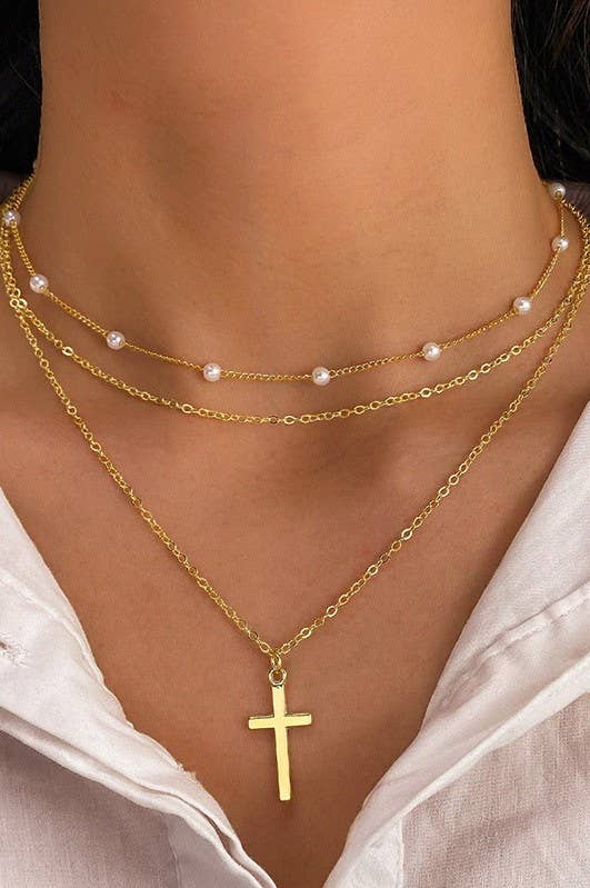 18K STAINLESS STEEL TARNISH FREE CROSS NECKLACE : GOLD