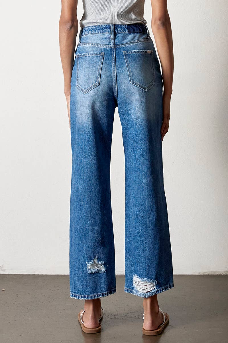 High Rise Destructed Straight Jeans: AGED DARK