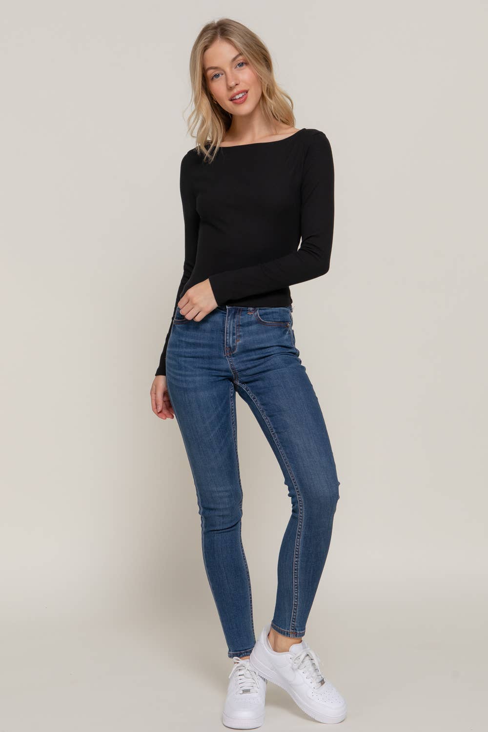 Boat Neck Brushed Rib Knit Top: Black