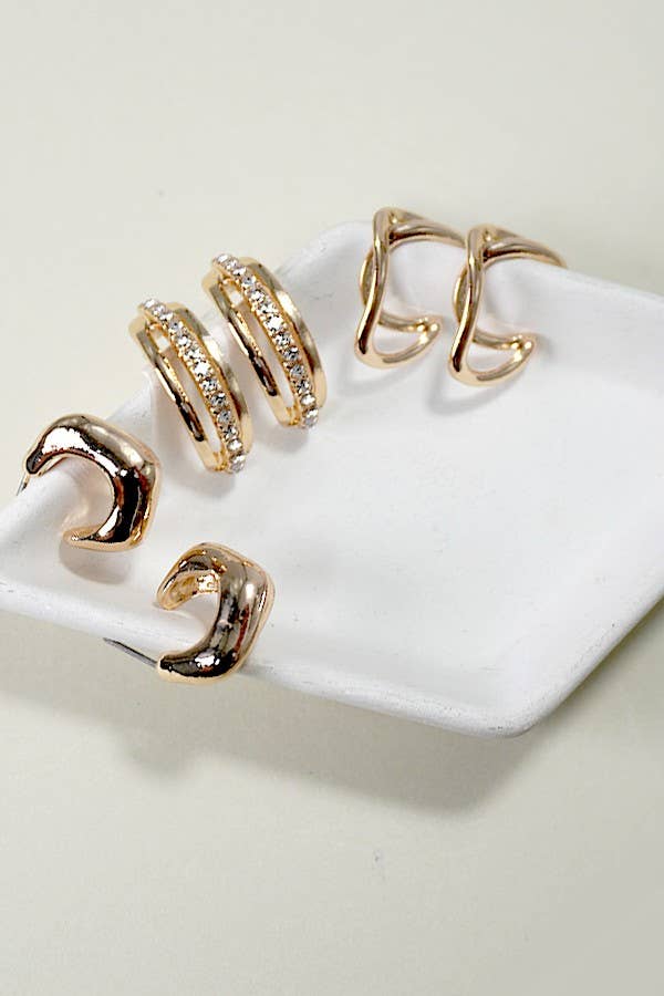 TRIO RHINESTONE HUGGIE HOOP EARRINGS SET OF 3 | 80E5383: Gold