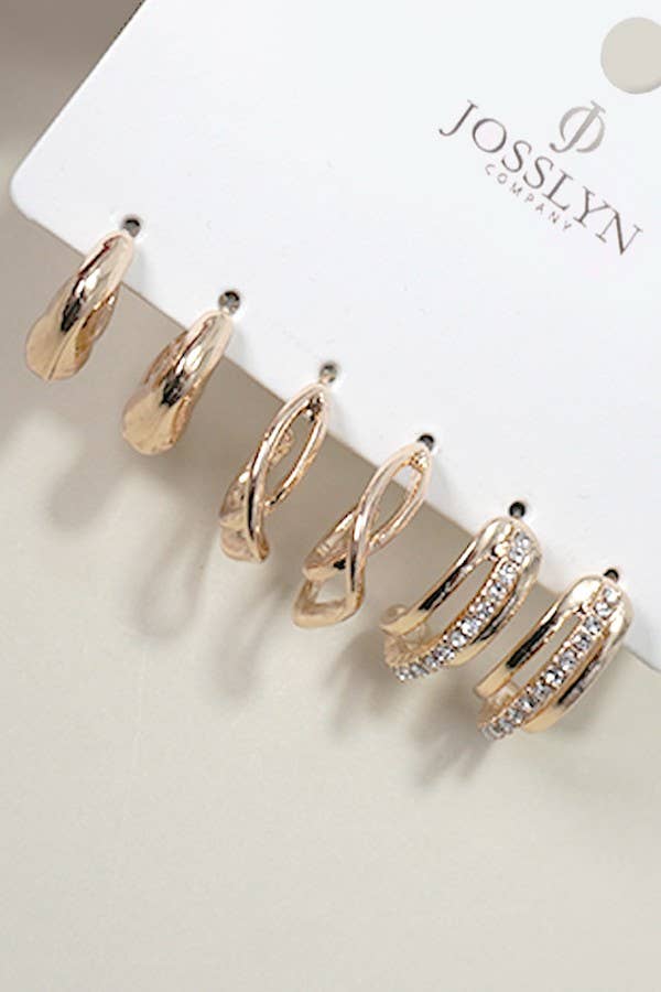 TRIO RHINESTONE HUGGIE HOOP EARRINGS SET OF 3 | 80E5383: Gold